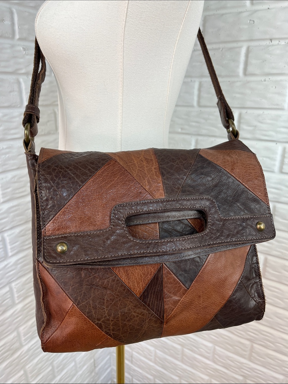 LUCKY BRAND ABBEY BROWN LEATHER PATCHWORK FOLDOVER CROSSBODY BAG